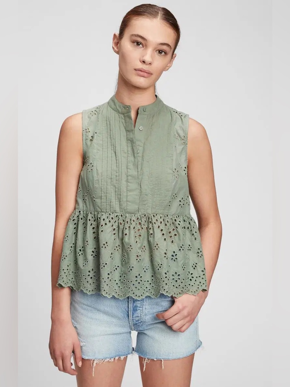 GAP Eyelet Peplum Tank Top | Sage Green | Size Medium